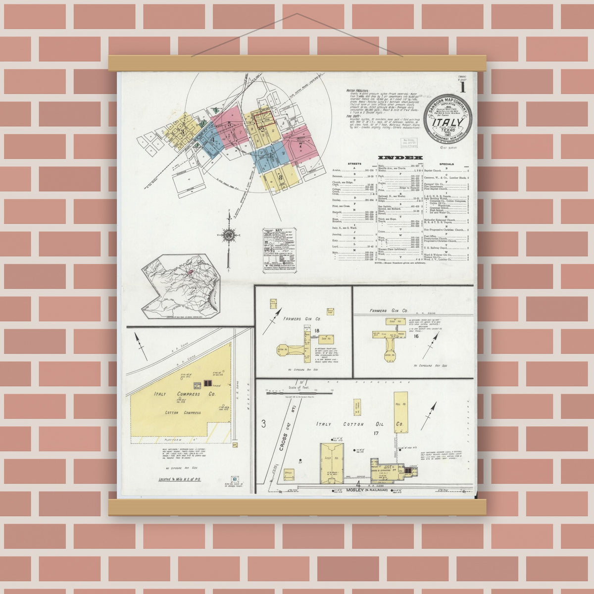 Old map wall art mockup — magnetic wood frame on brick wall — Sanborn Fire Insurance Map from Italy, Ellis County, Texas (1921) - Complete Map Set