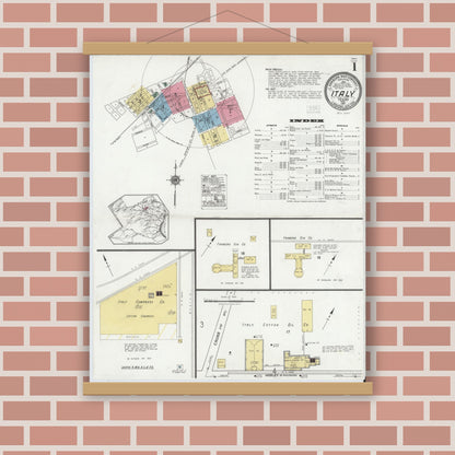 Old map wall art mockup — magnetic wood frame on brick wall — Sanborn Fire Insurance Map from Italy, Ellis County, Texas (1921) - Complete Map Set