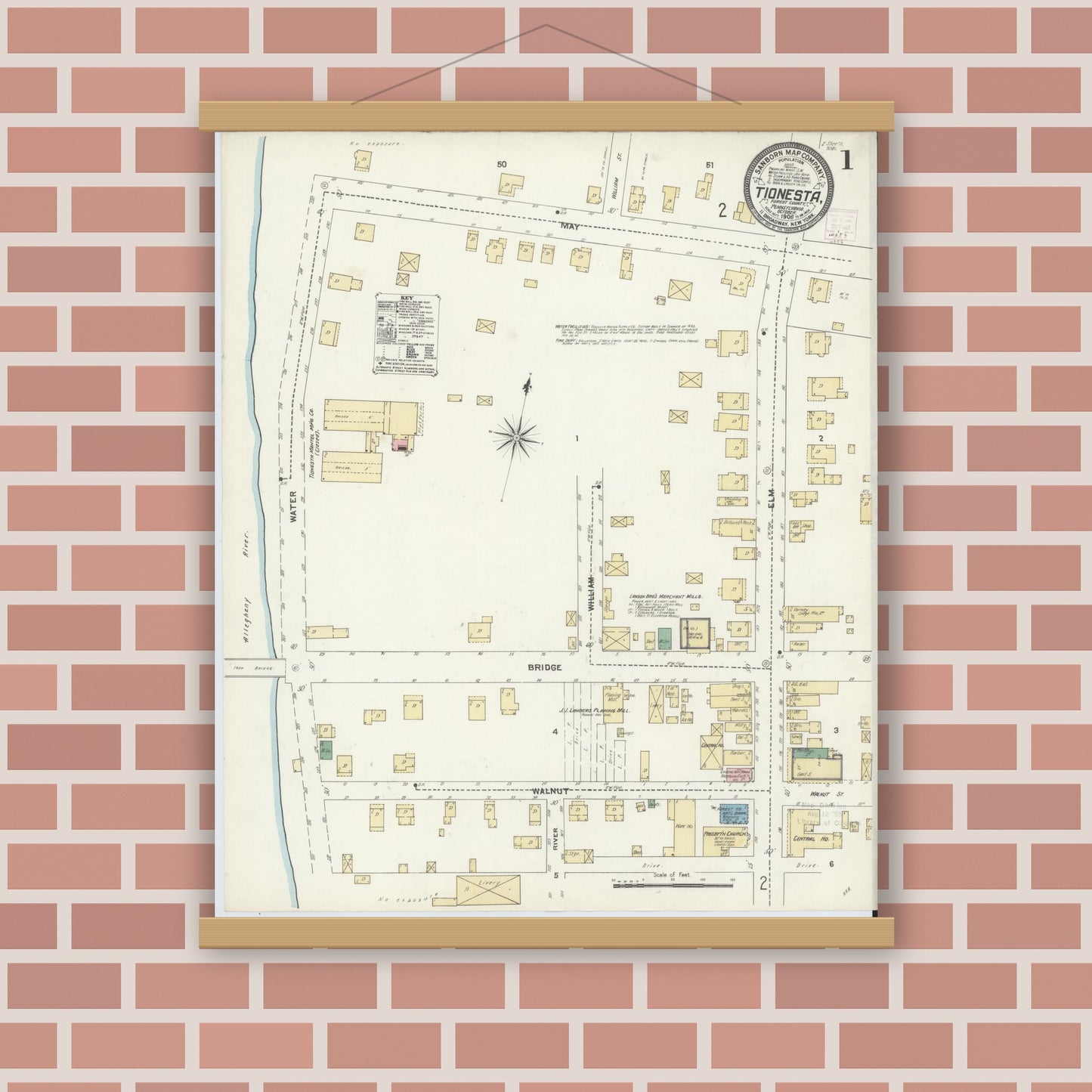 Old map wall art mockup — magnetic wood frame on brick wall — Sanborn Fire Insurance Map from Tionesta, Forest County, Pennsylvania (1906), Sheet #0001