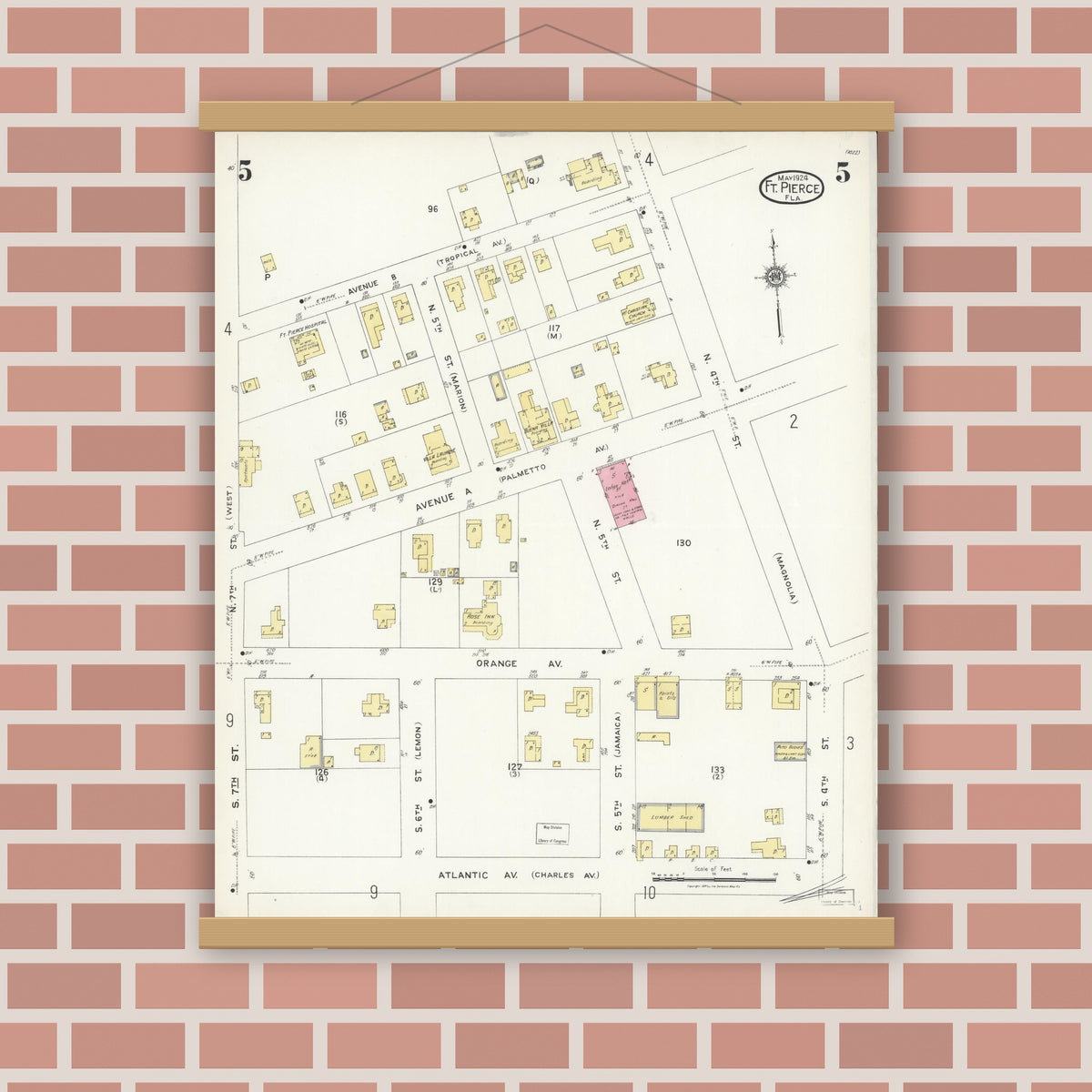 Old map wall art mockup — magnetic wood frame on brick wall — Sanborn Fire Insurance Map from Fort Pierce, St Lucie County, Florida (1924), Sheet #0005