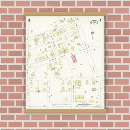 Old map wall art mockup — magnetic wood frame on brick wall — Sanborn Fire Insurance Map from Fort Pierce, St Lucie County, Florida (1924), Sheet #0005