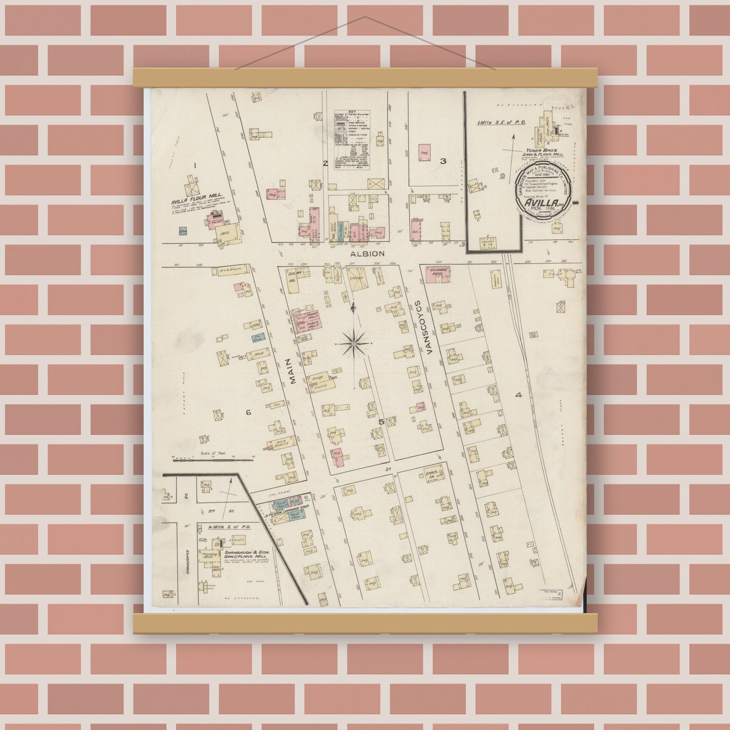 Old map wall art mockup — magnetic wood frame on brick wall — Sanborn Fire Insurance Map from Avilla, Noble County, Indiana (1886), Sheet #0001