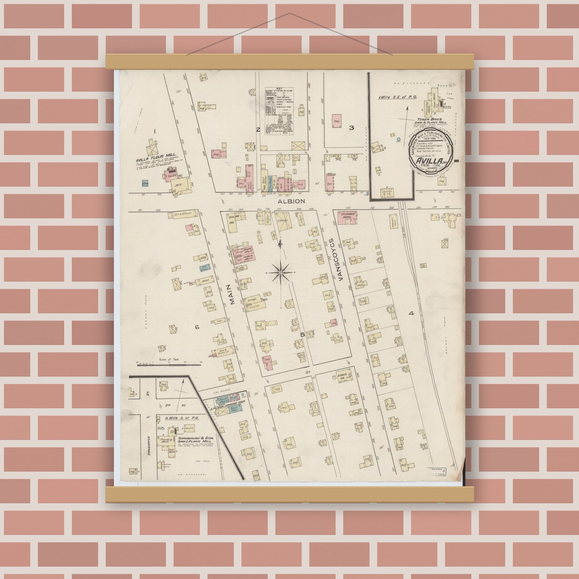 Old map wall art mockup — magnetic wood frame on brick wall — Sanborn Fire Insurance Map from Avilla, Noble County, Indiana (1886), Sheet #0001