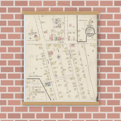 Old map wall art mockup — magnetic wood frame on brick wall — Sanborn Fire Insurance Map from Avilla, Noble County, Indiana (1886), Sheet #0001