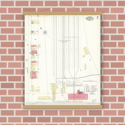 Old map wall art mockup — magnetic wood frame on brick wall — Sanborn Fire Insurance Map from Madera, Madera County, California (1898), Sheet #0007