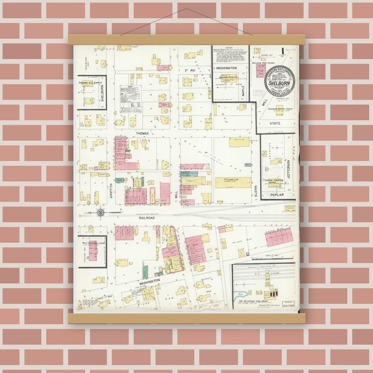 Old map wall art mockup — magnetic wood frame on brick wall — Sanborn Fire Insurance Map from Shelburn, Sullivan County, Indiana (1910) - Complete Map Set