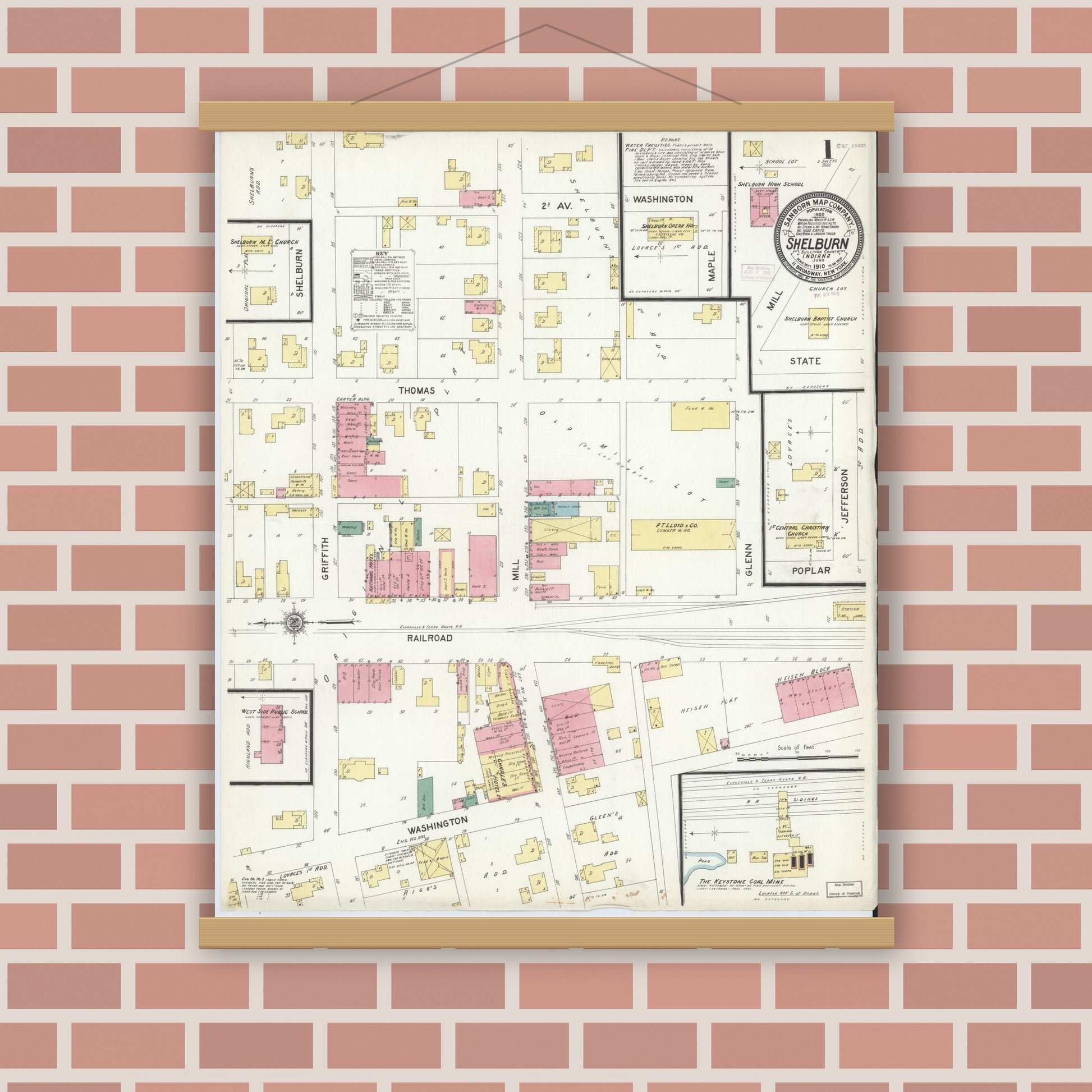 Old map wall art mockup — magnetic wood frame on brick wall — Sanborn Fire Insurance Map from Shelburn, Sullivan County, Indiana (1910) - Complete Map Set