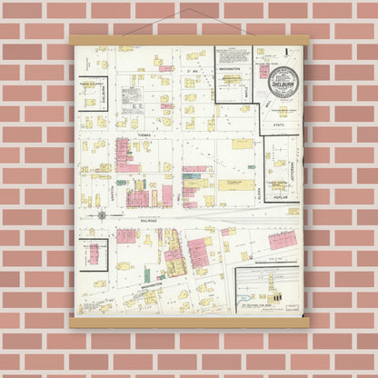 Old map wall art mockup — magnetic wood frame on brick wall — Sanborn Fire Insurance Map from Shelburn, Sullivan County, Indiana (1910) - Complete Map Set