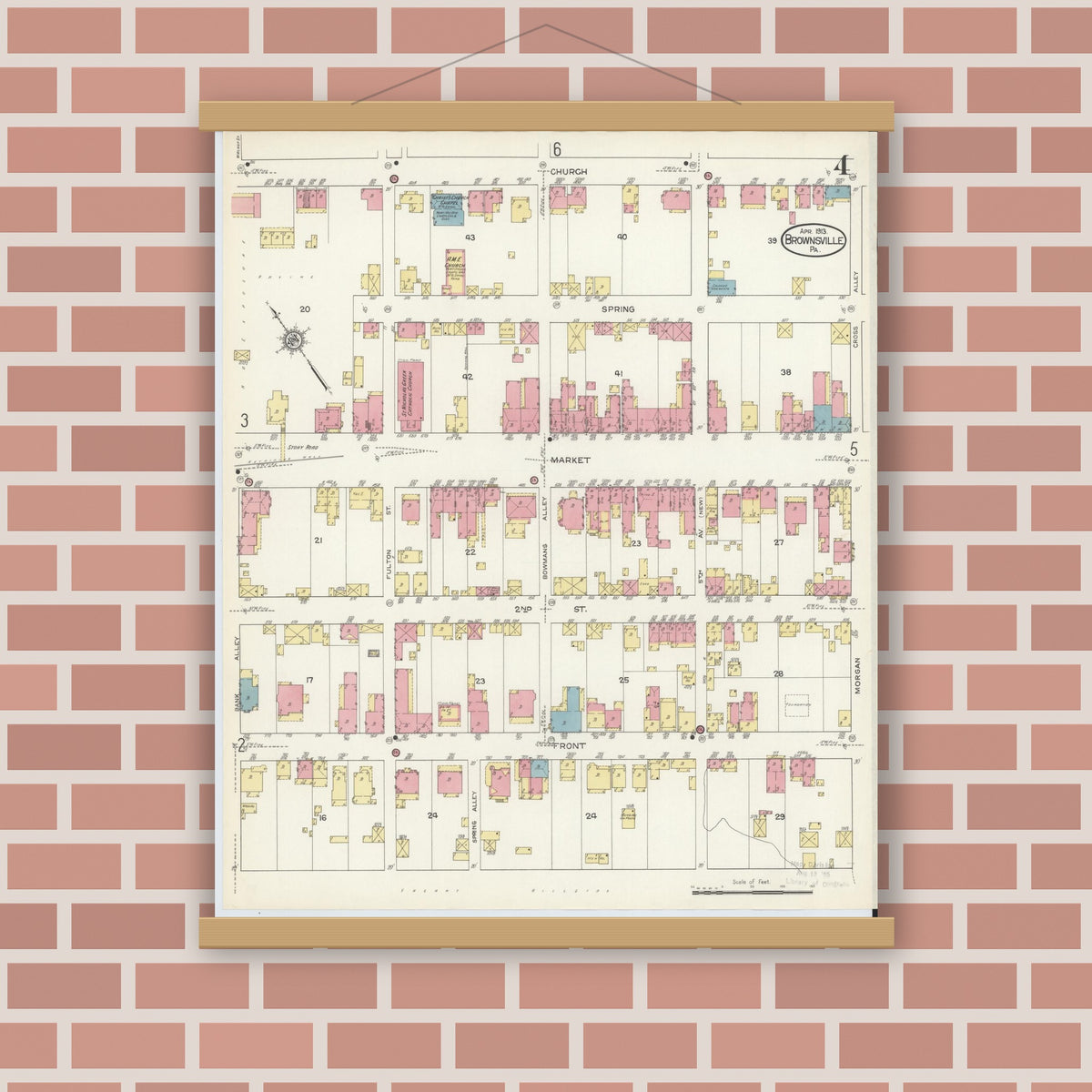 Old map wall art mockup — magnetic wood frame on brick wall — Sanborn Fire Insurance Map from Brownsville, Fayette County, Pennsylvania (1913), Sheet #0004