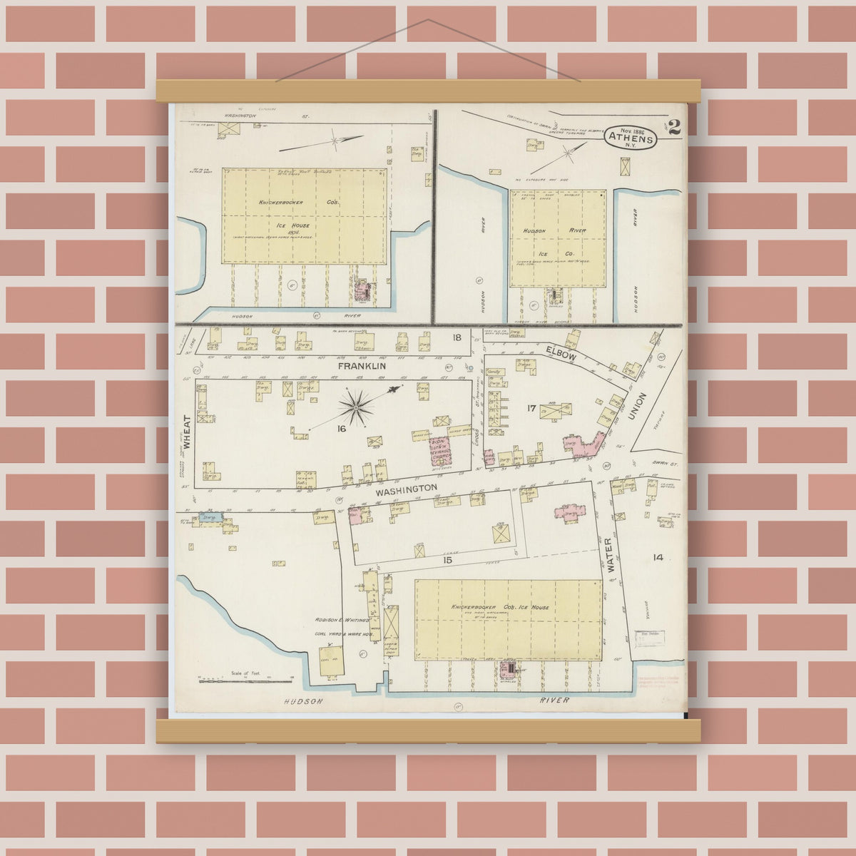 Old map wall art mockup — magnetic wood frame on brick wall — Sanborn Fire Insurance Map from Athens, Greene County, New York (1886), Sheet #0002