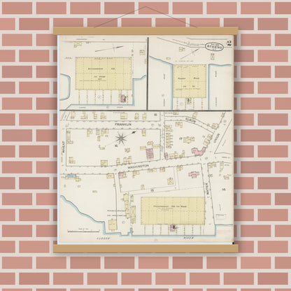 Old map wall art mockup — magnetic wood frame on brick wall — Sanborn Fire Insurance Map from Athens, Greene County, New York (1886), Sheet #0002