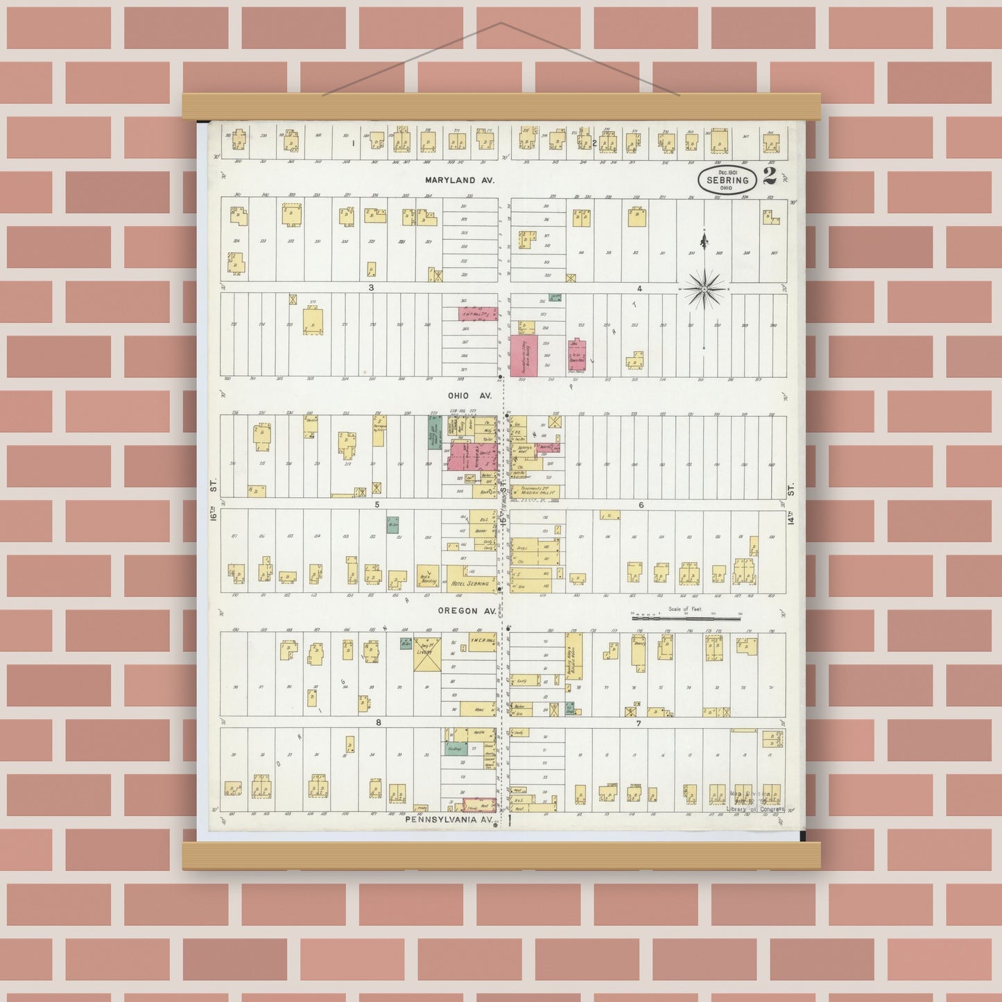Old map wall art mockup — magnetic wood frame on brick wall — Sanborn Fire Insurance Map from Sebring, Mahoning County, Ohio (1901), Sheet #0002