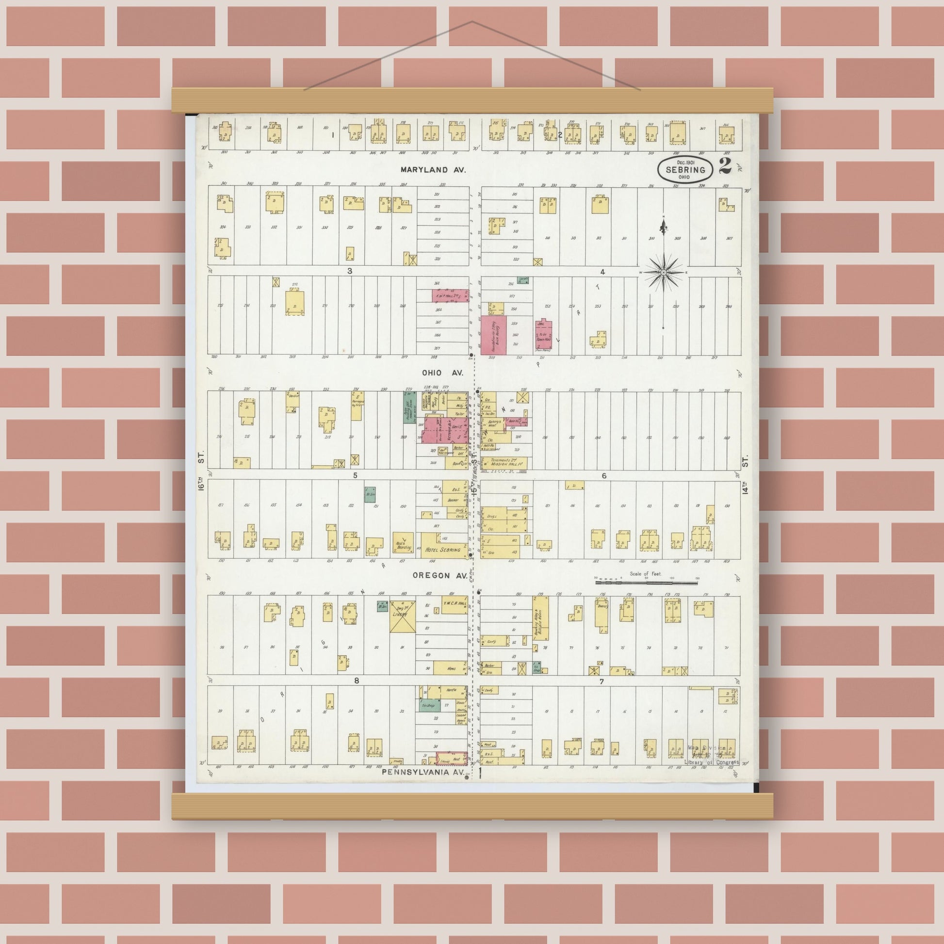 Old map wall art mockup — magnetic wood frame on brick wall — Sanborn Fire Insurance Map from Sebring, Mahoning County, Ohio (1901), Sheet #0002
