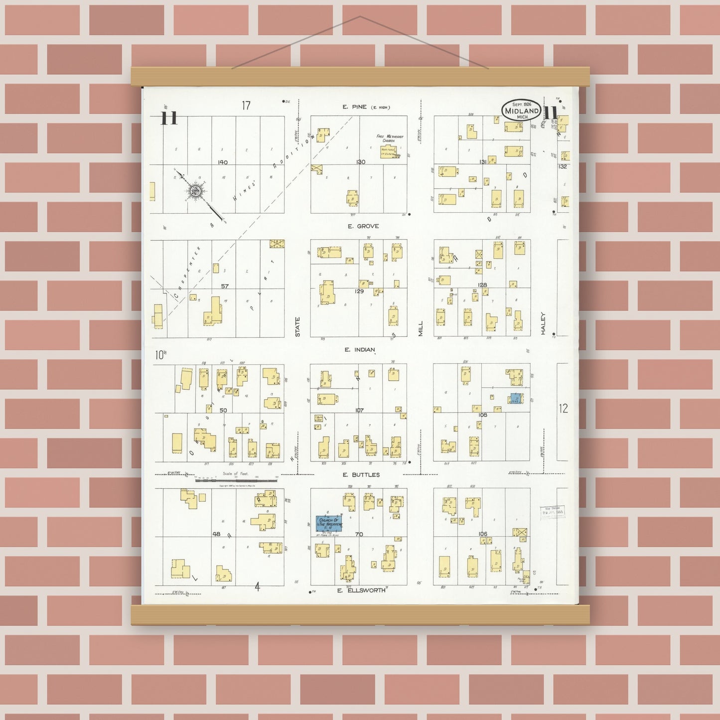 Old map wall art mockup — magnetic wood frame on brick wall — Sanborn Fire Insurance Map from Midland, Midland County, Michigan (1926), Sheet #0011