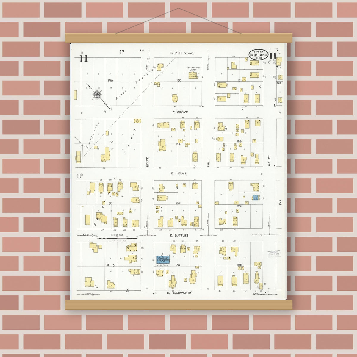 Old map wall art mockup — magnetic wood frame on brick wall — Sanborn Fire Insurance Map from Midland, Midland County, Michigan (1926), Sheet #0011