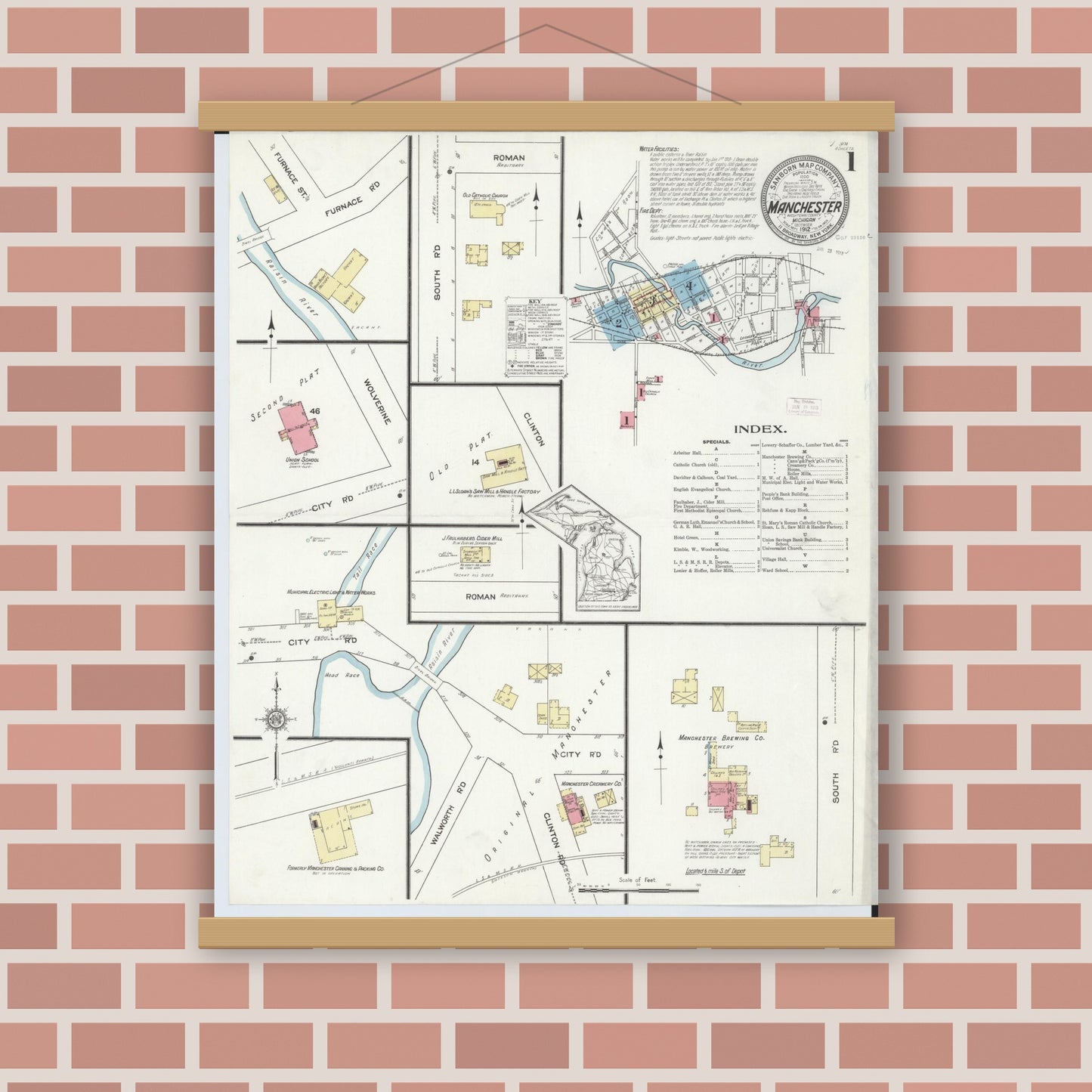 Old map wall art mockup — magnetic wood frame on brick wall — Sanborn Fire Insurance Map from Manchester, Washtenaw County, Michigan (1912) - Complete Map Set