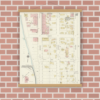 Old map wall art mockup — magnetic wood frame on brick wall — Sanborn Fire Insurance Map from De Pere, Brown County, Wisconsin (1914), Sheet #0012