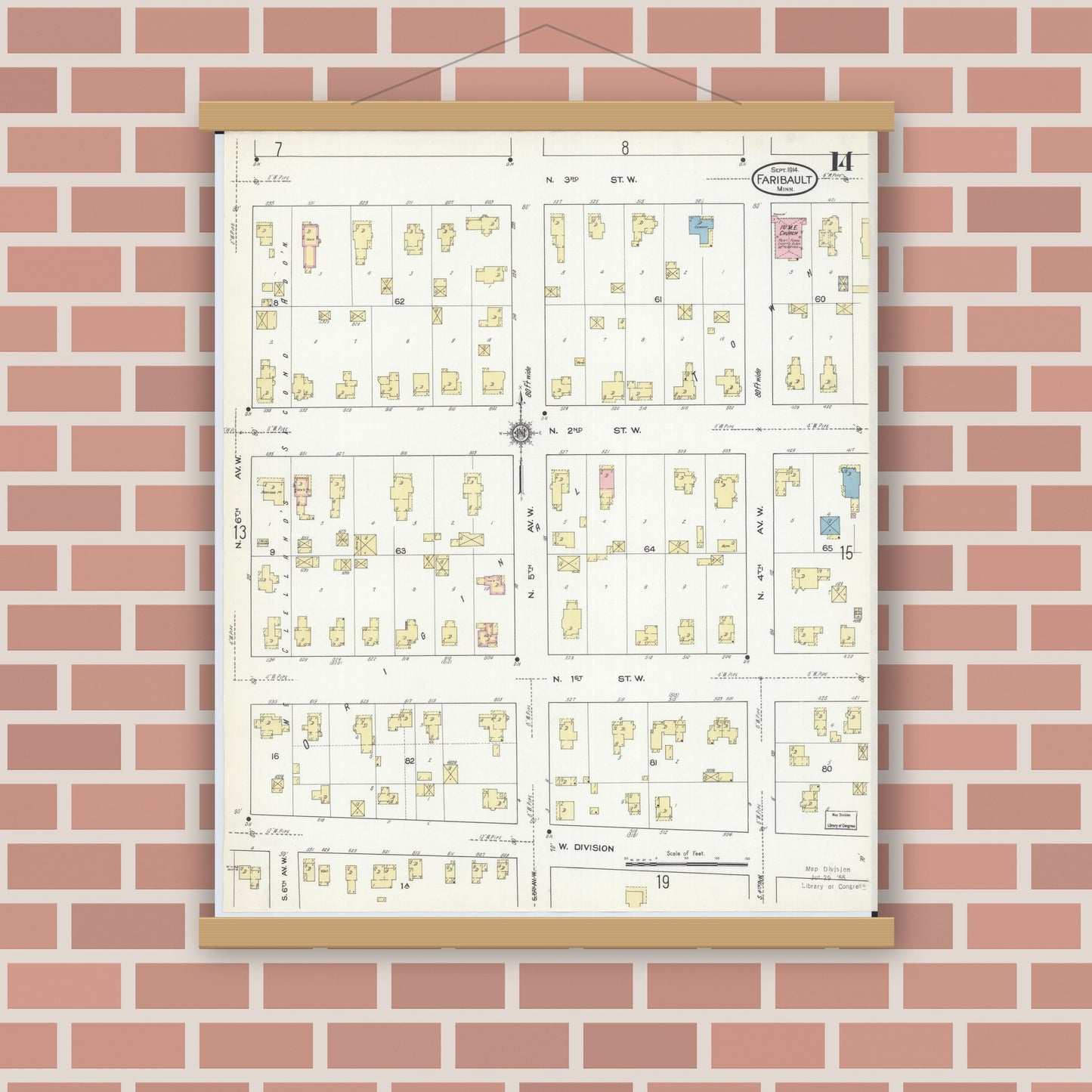 Old map wall art mockup — magnetic wood frame on brick wall — Sanborn Fire Insurance Map from Faribault, Rice County, Minnesota (1914), Sheet #0014