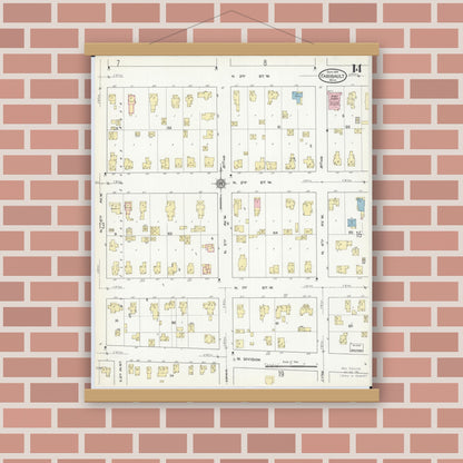 Old map wall art mockup — magnetic wood frame on brick wall — Sanborn Fire Insurance Map from Faribault, Rice County, Minnesota (1914), Sheet #0014