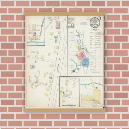 Old map wall art mockup — magnetic wood frame on brick wall — Sanborn Fire Insurance Map from Arlington, Middlesex County, Massachusetts (1892), Sheet #0001