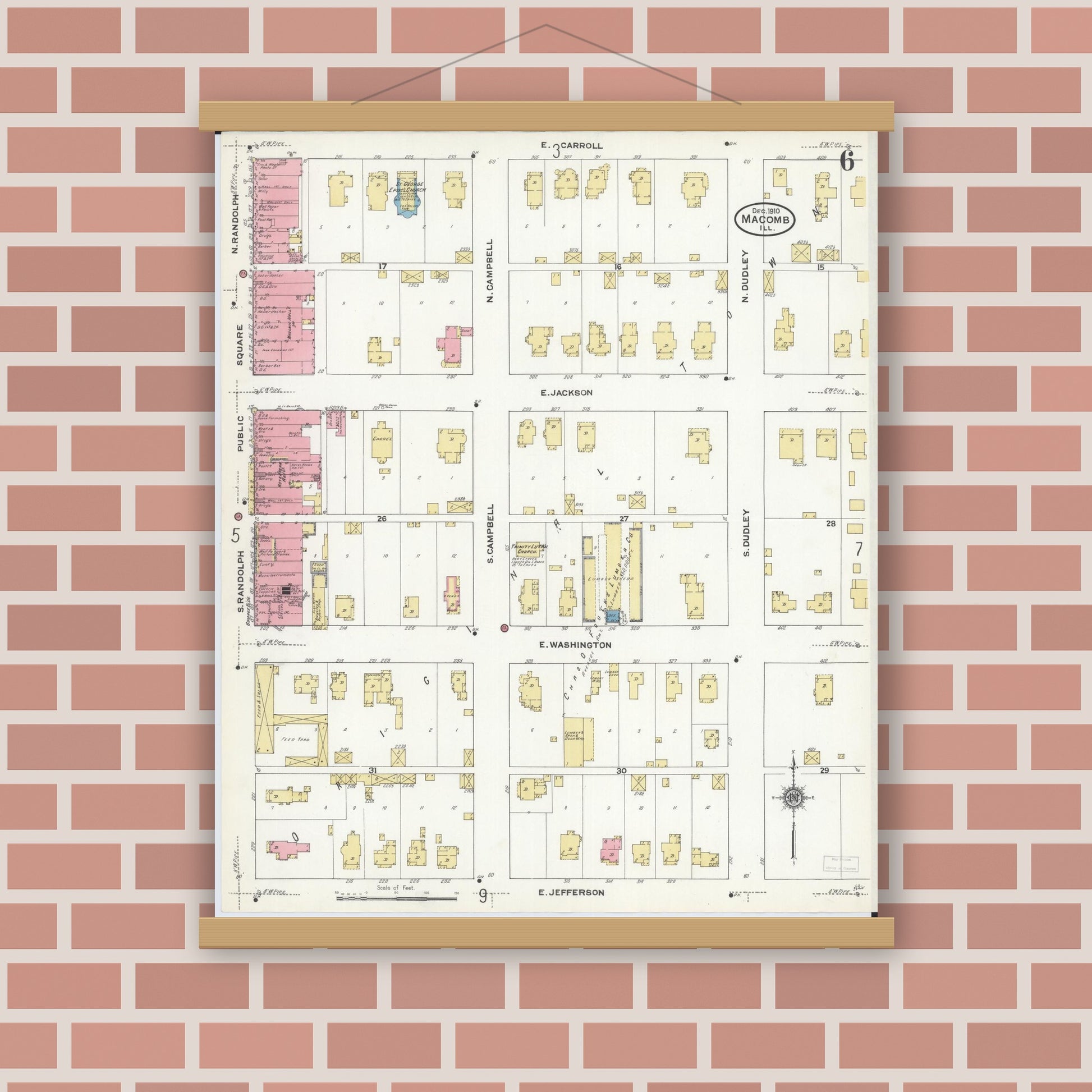 Old map wall art mockup — magnetic wood frame on brick wall — Sanborn Fire Insurance Map from Macomb, Mcdonough County, Illinois (1910), Sheet #0006