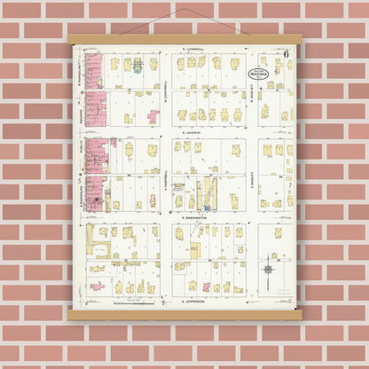 Old map wall art mockup — magnetic wood frame on brick wall — Sanborn Fire Insurance Map from Macomb, Mcdonough County, Illinois (1910), Sheet #0006