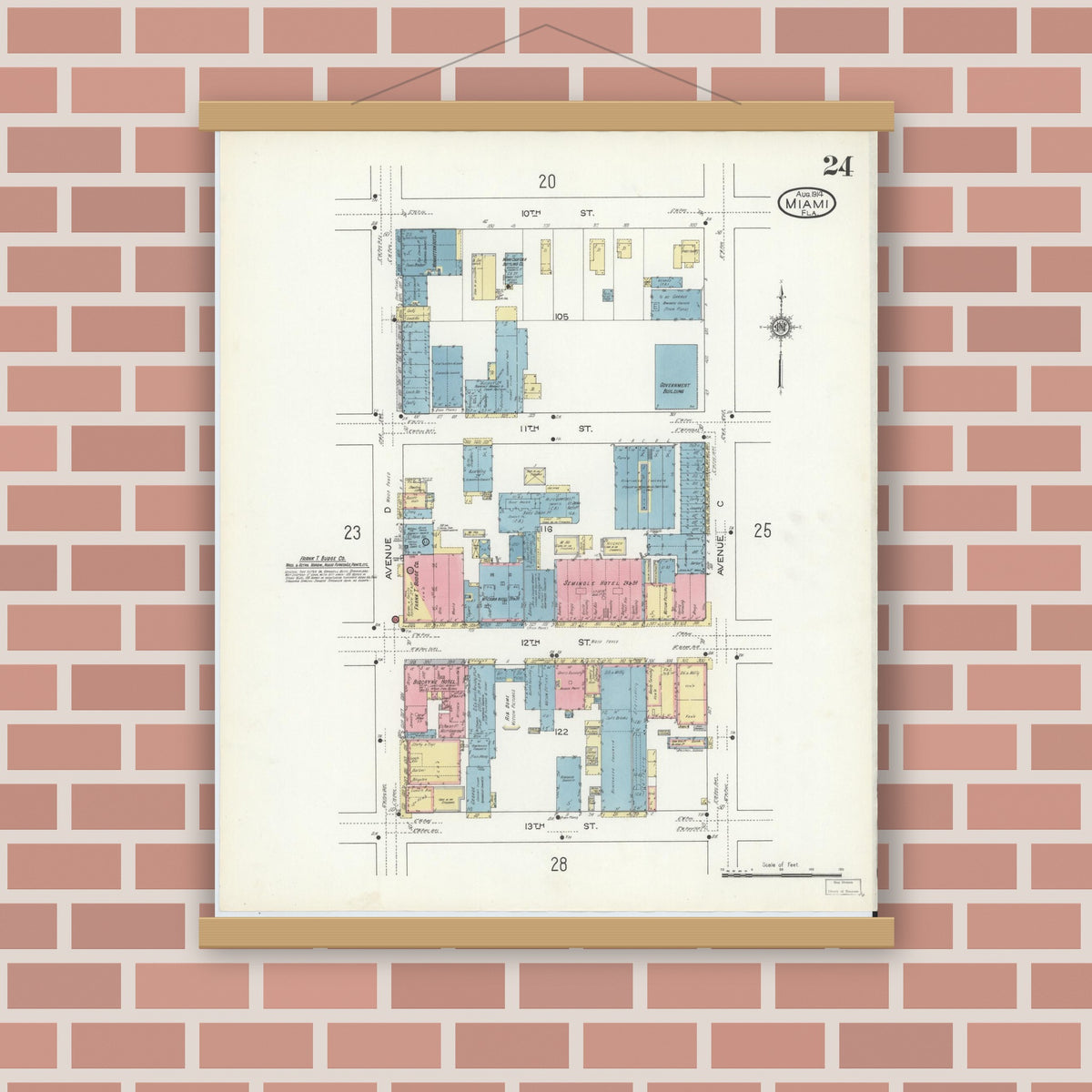 Old map wall art mockup — magnetic wood frame on brick wall — Sanborn Fire Insurance Map from Miami, Dade County, Florida (1914), Sheet #0024
