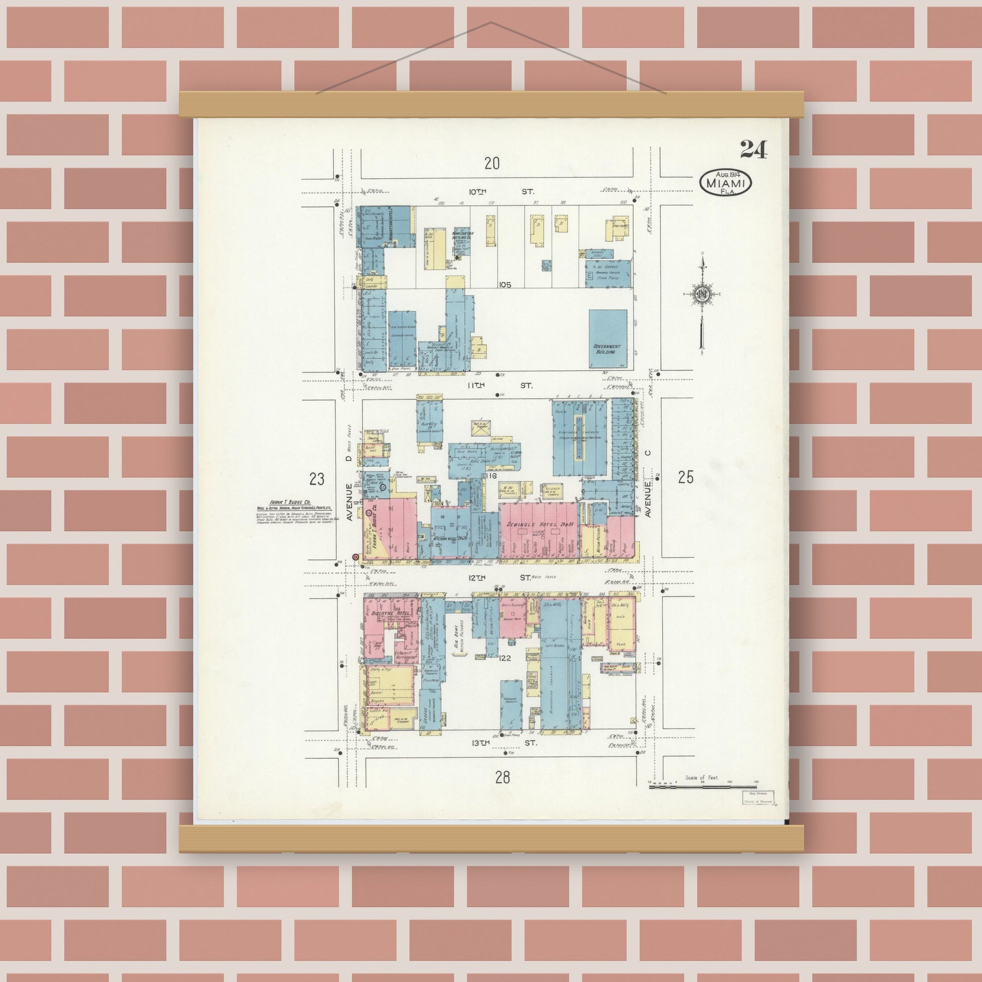 Old map wall art mockup — magnetic wood frame on brick wall — Sanborn Fire Insurance Map from Miami, Dade County, Florida (1914), Sheet #0024