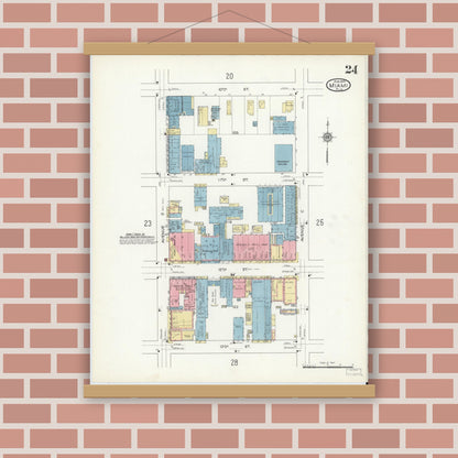 Old map wall art mockup — magnetic wood frame on brick wall — Sanborn Fire Insurance Map from Miami, Dade County, Florida (1914), Sheet #0024