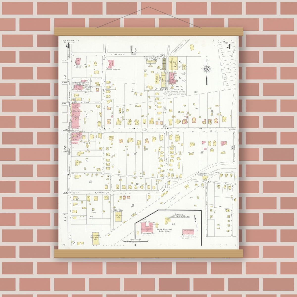 Old map wall art mockup — magnetic wood frame on brick wall — Sanborn Fire Insurance Map from Henderson, Rusk County, Texas (1933), Sheet #0004