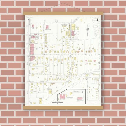 Old map wall art mockup — magnetic wood frame on brick wall — Sanborn Fire Insurance Map from Henderson, Rusk County, Texas (1933), Sheet #0004