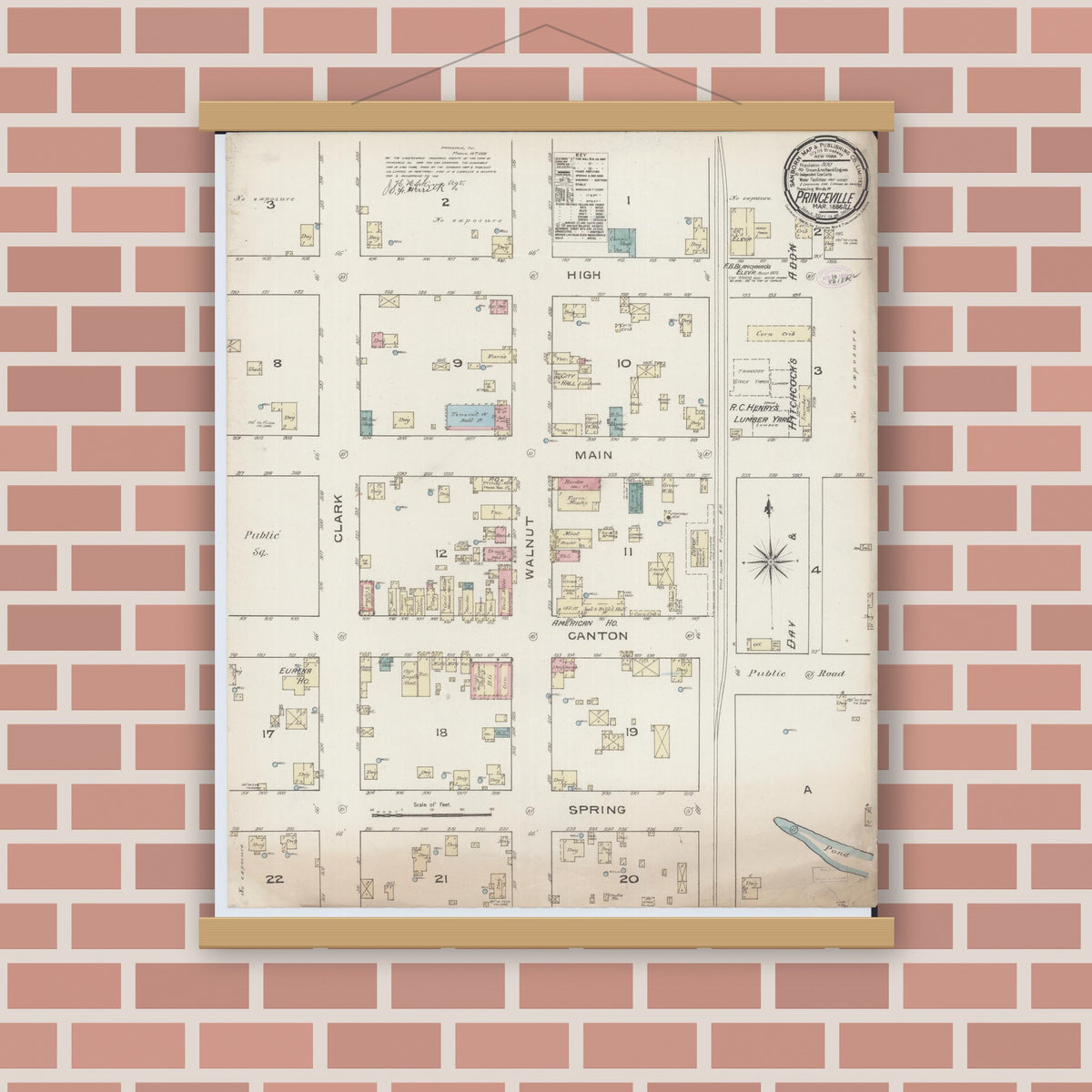 Old map wall art mockup — magnetic wood frame on brick wall — Sanborn Fire Insurance Map from Princeville, Peoria County, Illinois (1886), Sheet #0001