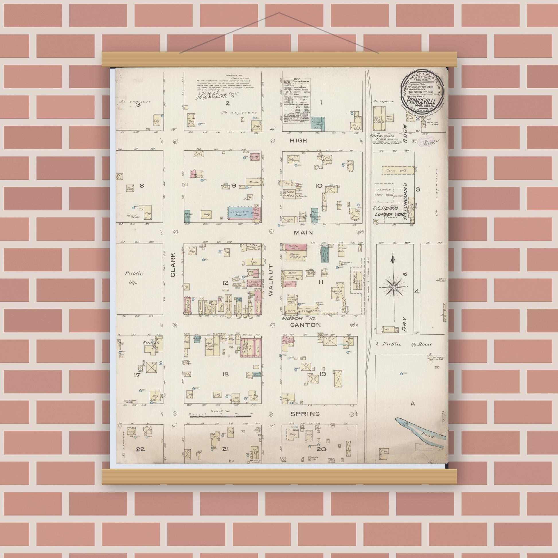 Old map wall art mockup — magnetic wood frame on brick wall — Sanborn Fire Insurance Map from Princeville, Peoria County, Illinois (1886), Sheet #0001