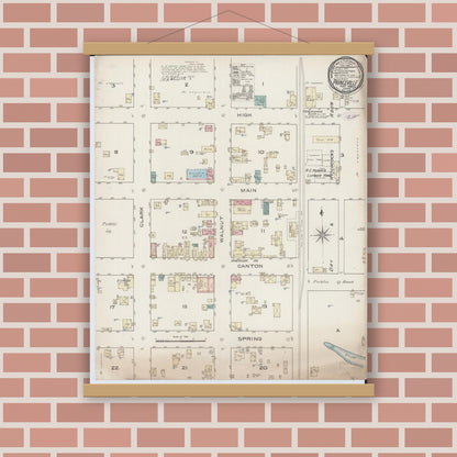 Old map wall art mockup — magnetic wood frame on brick wall — Sanborn Fire Insurance Map from Princeville, Peoria County, Illinois (1886), Sheet #0001
