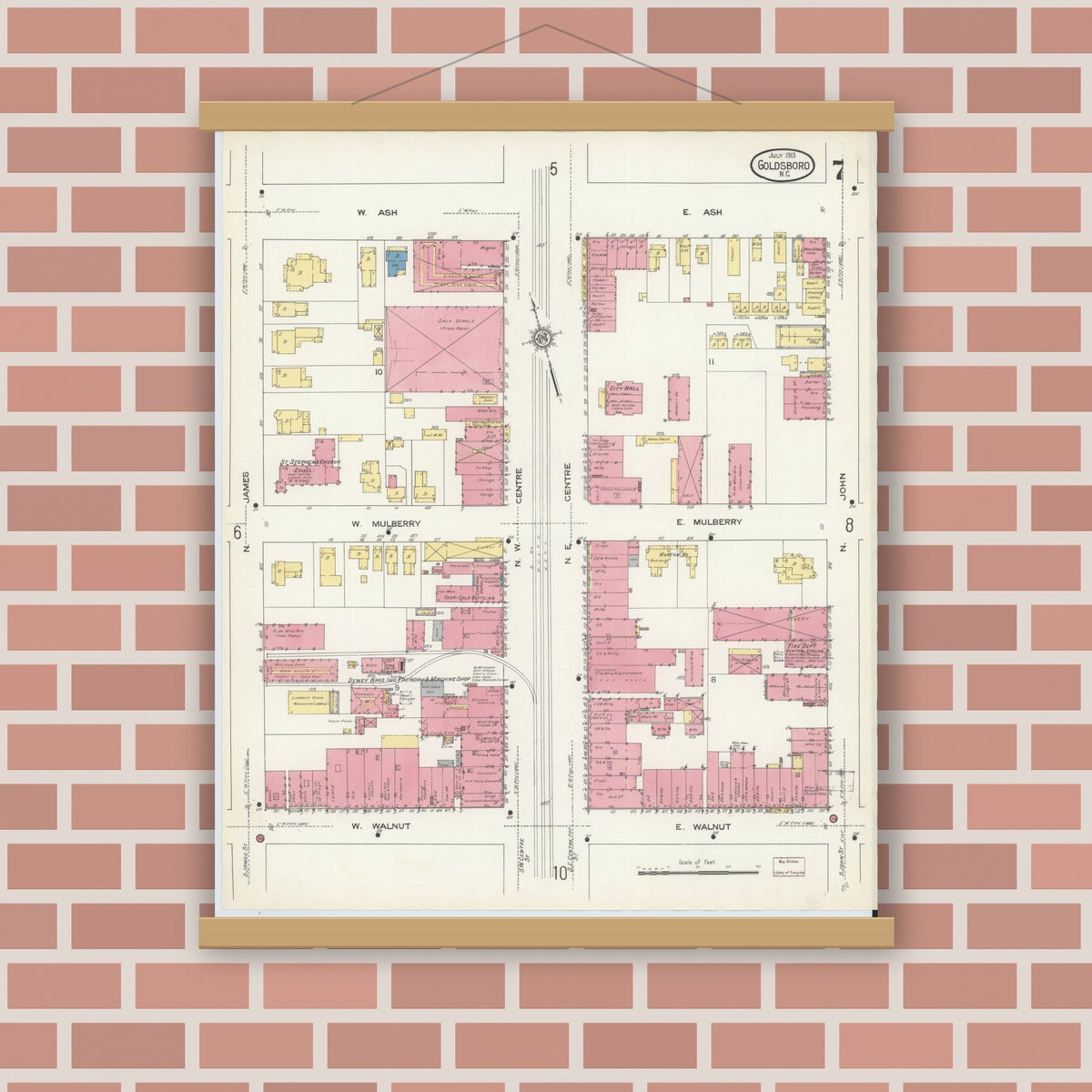 Old map wall art mockup — magnetic wood frame on brick wall — Sanborn Fire Insurance Map from Goldsboro, Wayne County, North Carolina (1913), Sheet #0007