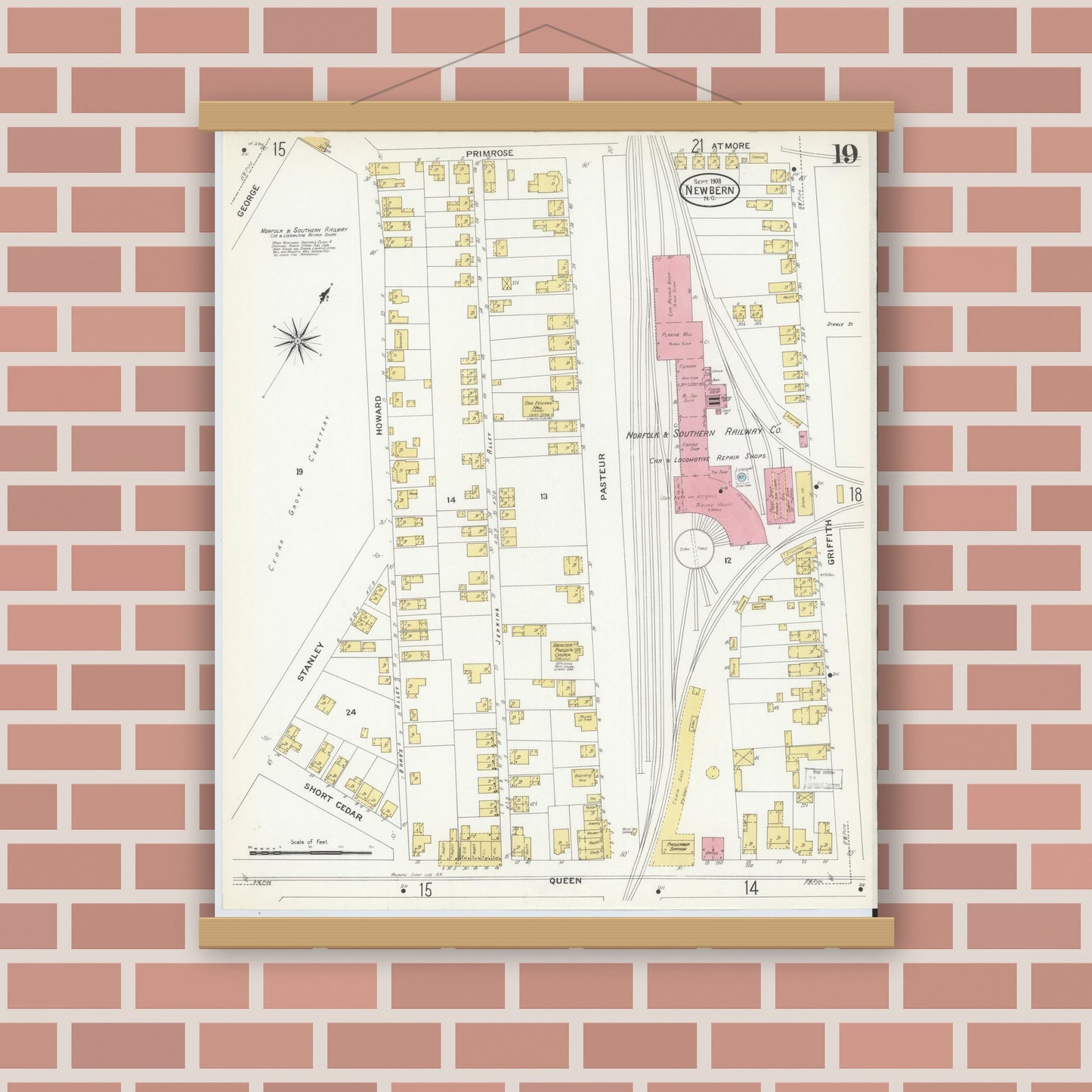 Old map wall art mockup — magnetic wood frame on brick wall — Sanborn Fire Insurance Map from New Bern, Craven County, North Carolina (1908), Sheet #0019