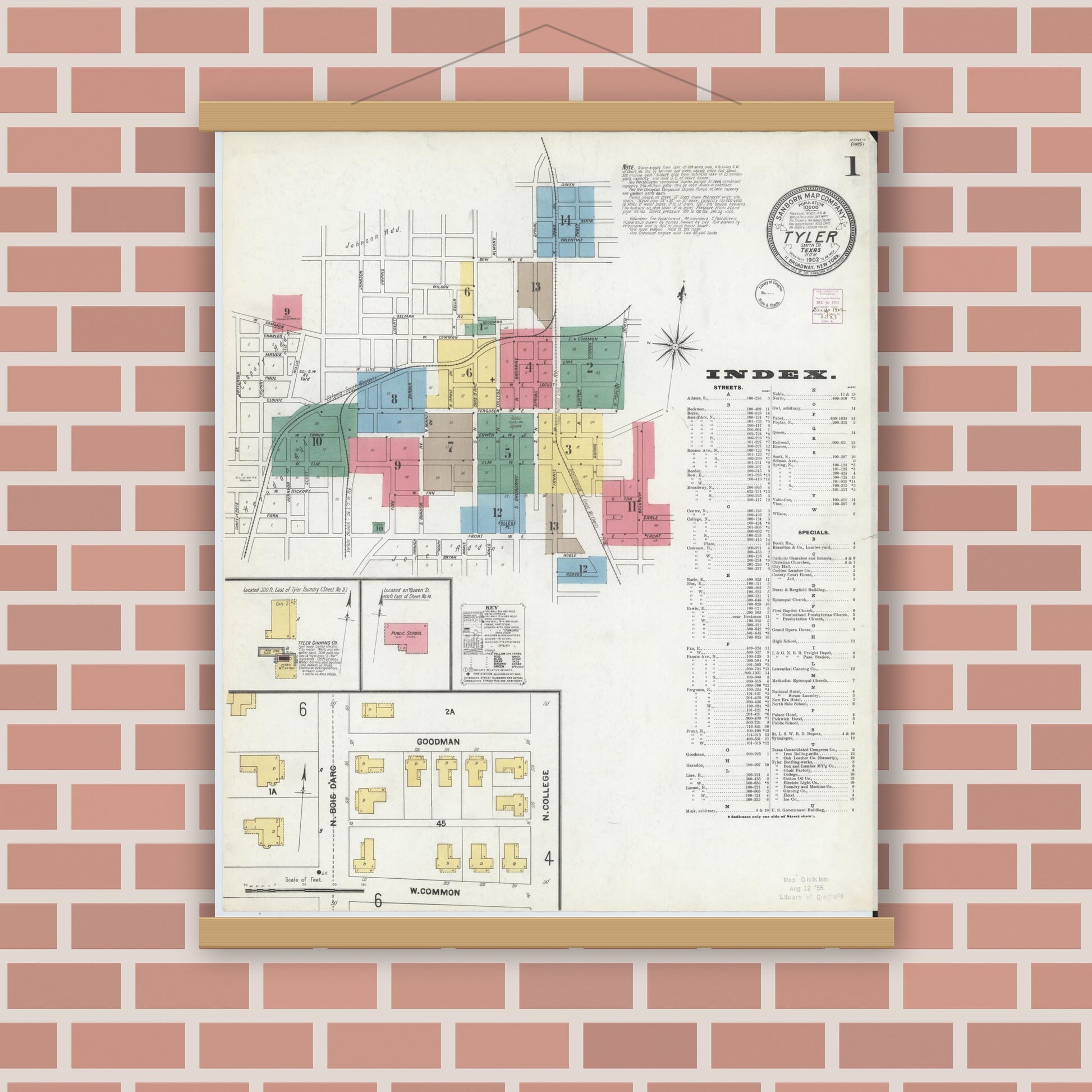 Old map wall art mockup — magnetic wood frame on brick wall — Sanborn Fire Insurance Map from Tyler, Smith County, Texas (1902), Sheet #0001