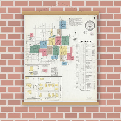 Old map wall art mockup — magnetic wood frame on brick wall — Sanborn Fire Insurance Map from Tyler, Smith County, Texas (1902), Sheet #0001
