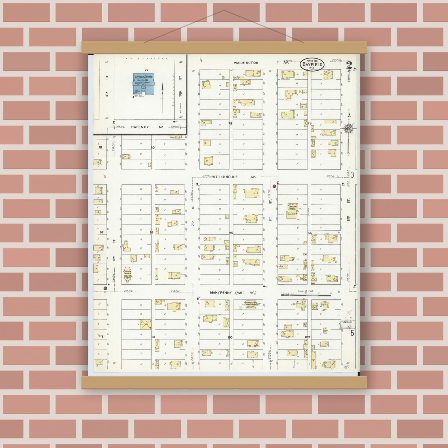 Old map wall art mockup — magnetic wood frame on brick wall — Sanborn Fire Insurance Map from Bayfield, Bayfield County, Wisconsin (1911) - Complete Map Set