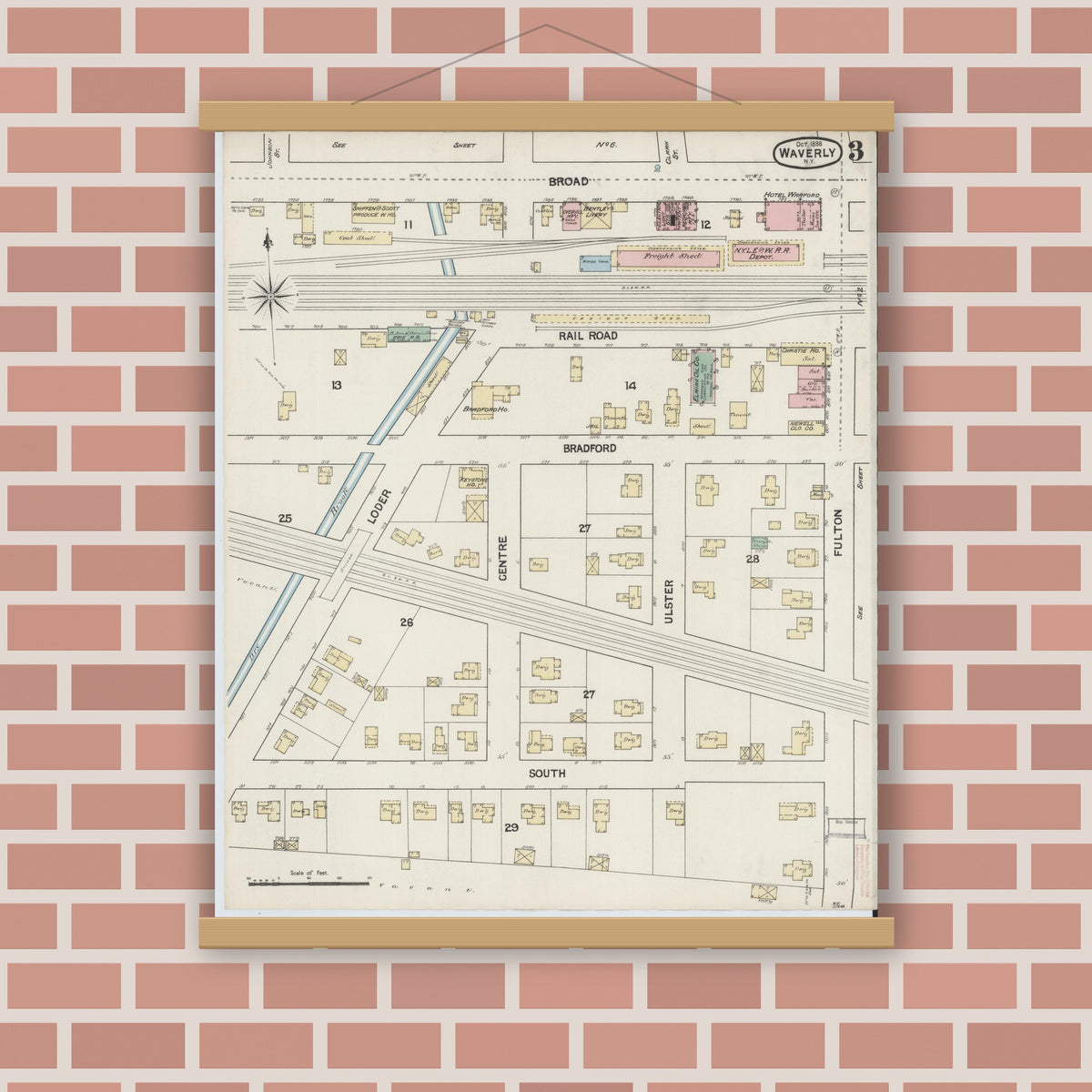 Old map wall art mockup — magnetic wood frame on brick wall — Sanborn Fire Insurance Map from Waverly, Tioga County, New York (1888), Sheet #0003