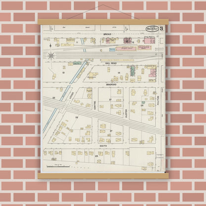 Old map wall art mockup — magnetic wood frame on brick wall — Sanborn Fire Insurance Map from Waverly, Tioga County, New York (1888), Sheet #0003