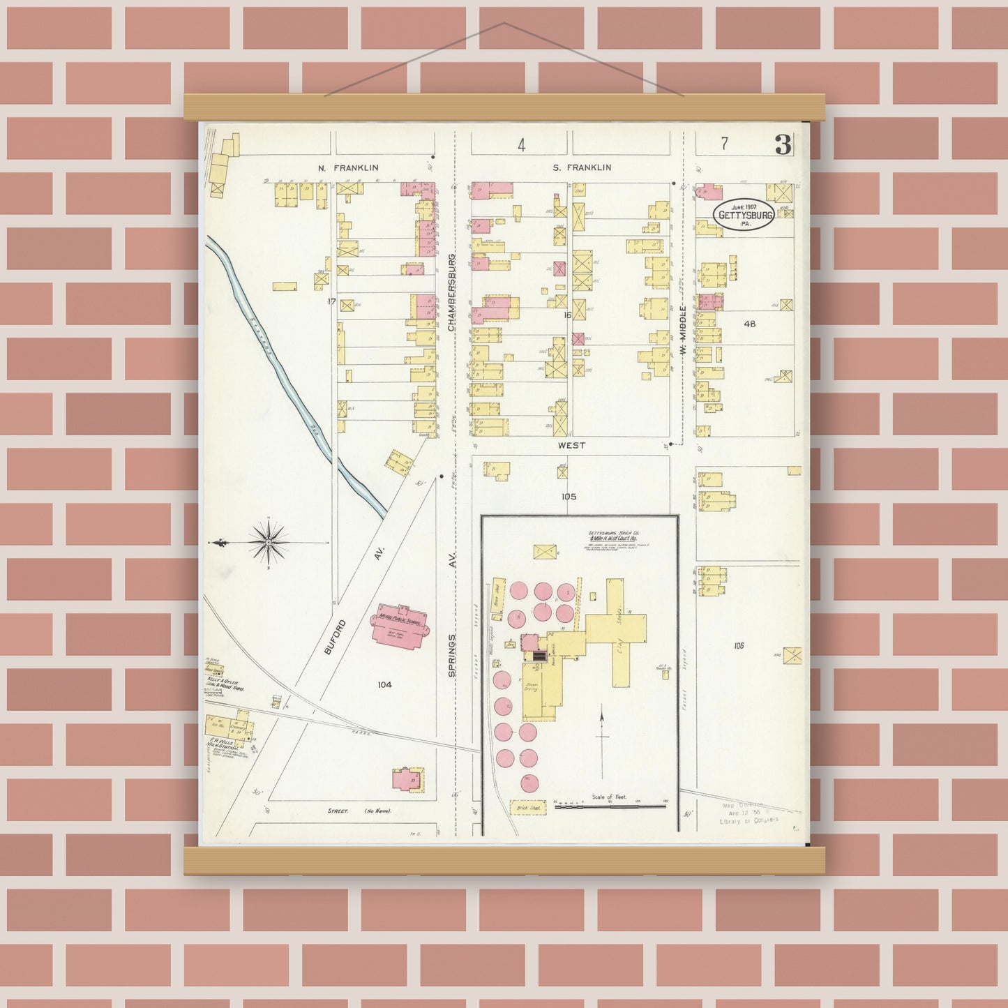Old map wall art mockup — magnetic wood frame on brick wall — Sanborn Fire Insurance Map from Gettysburg, Adams County, Pennsylvania (1907), Sheet #0003