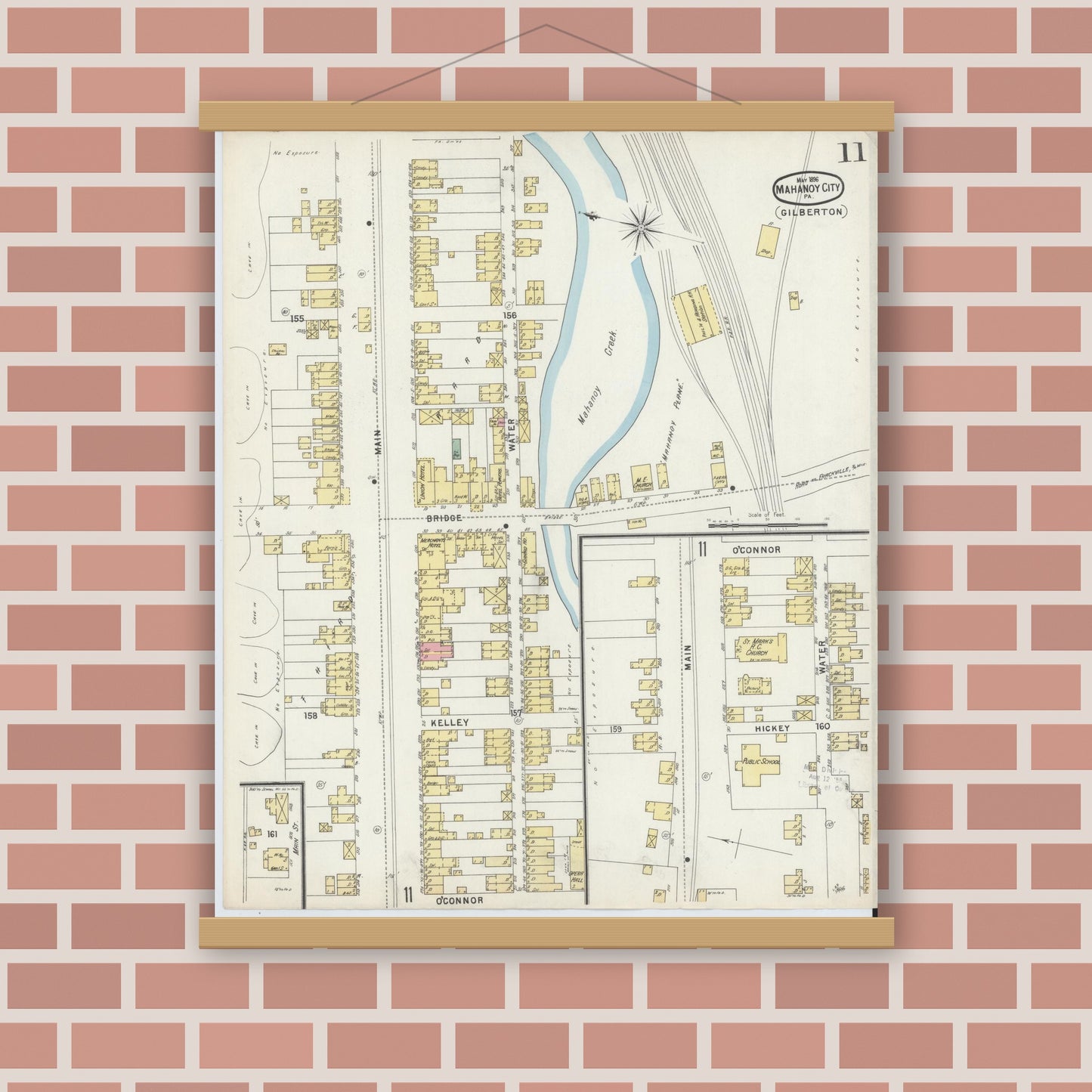Old map wall art mockup — magnetic wood frame on brick wall — Sanborn Fire Insurance Map from Mahanoy City, Schuylkill County, Pennsylvania (1896), Sheet #0011