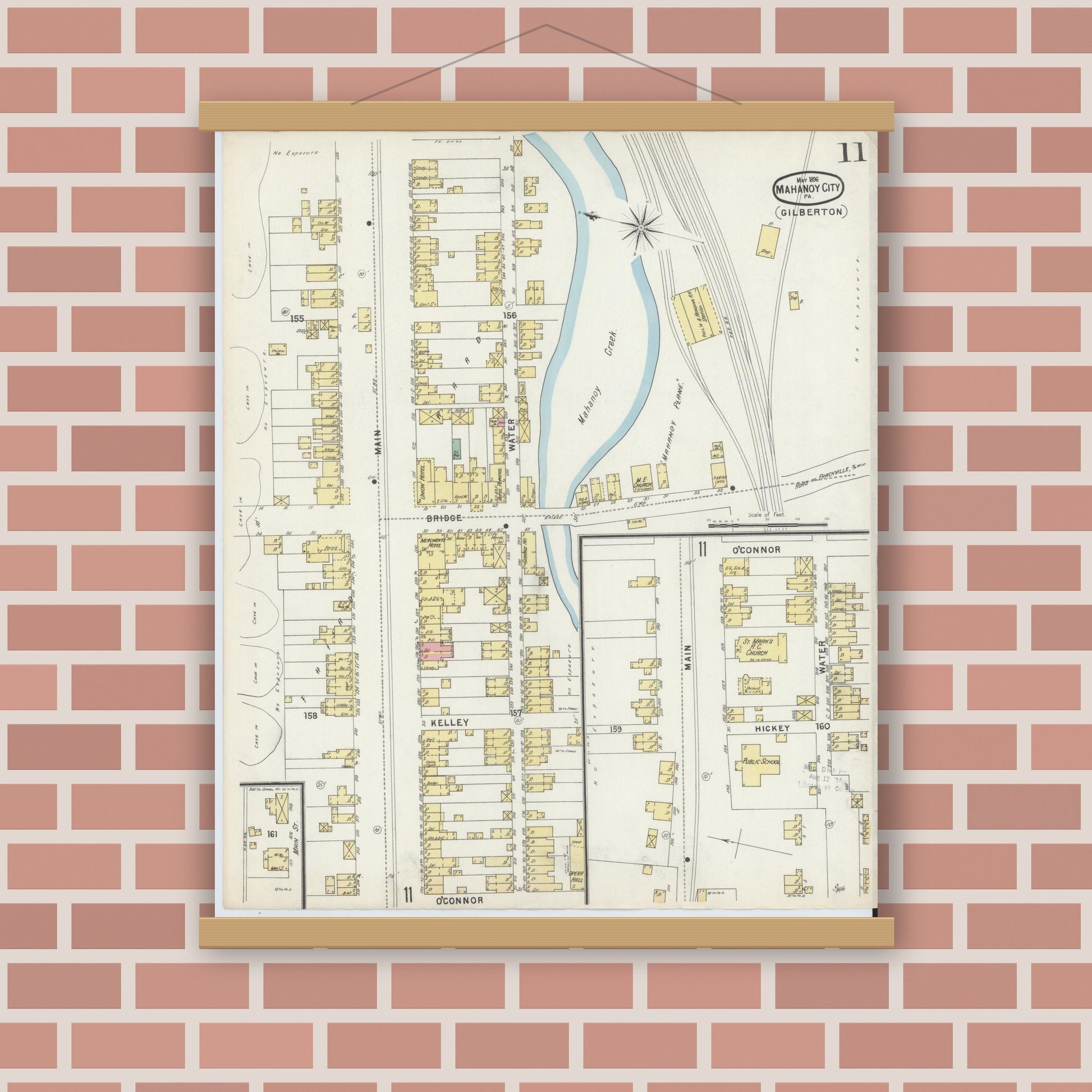 Old map wall art mockup — magnetic wood frame on brick wall — Sanborn Fire Insurance Map from Mahanoy City, Schuylkill County, Pennsylvania (1896), Sheet #0011