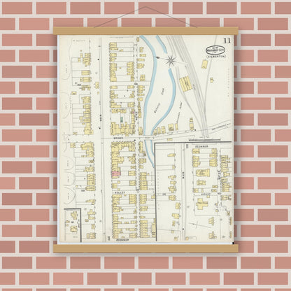 Old map wall art mockup — magnetic wood frame on brick wall — Sanborn Fire Insurance Map from Mahanoy City, Schuylkill County, Pennsylvania (1896), Sheet #0011