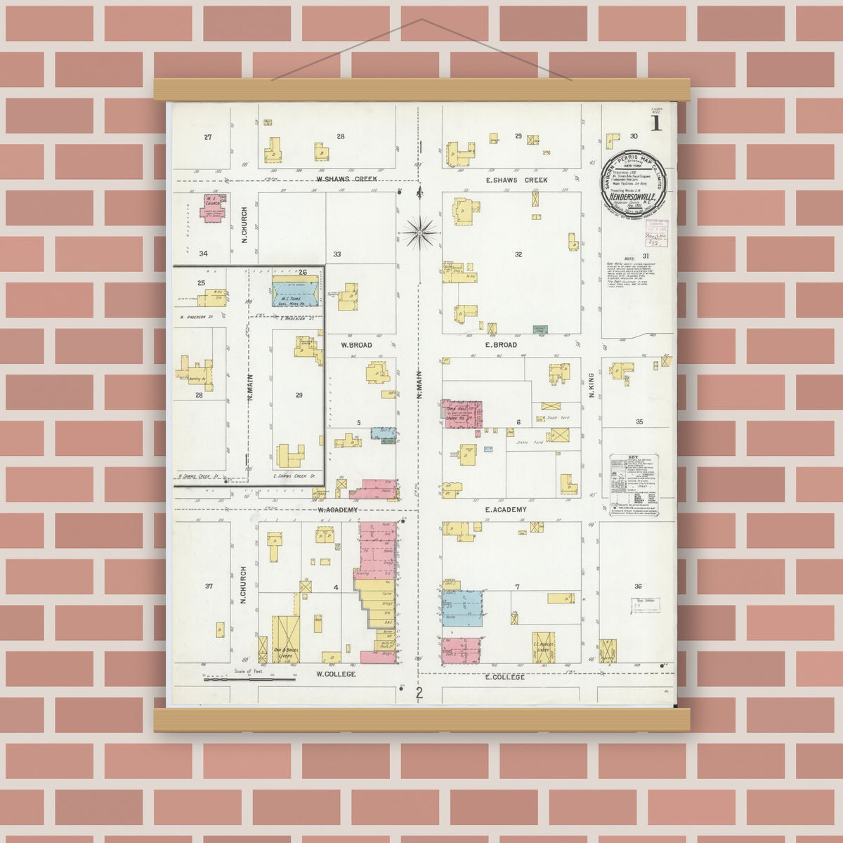 Old map wall art mockup — magnetic wood frame on brick wall — Sanborn Fire Insurance Map from Hendersonville, Henderson County, North Carolina (1901) - Complete Map Set