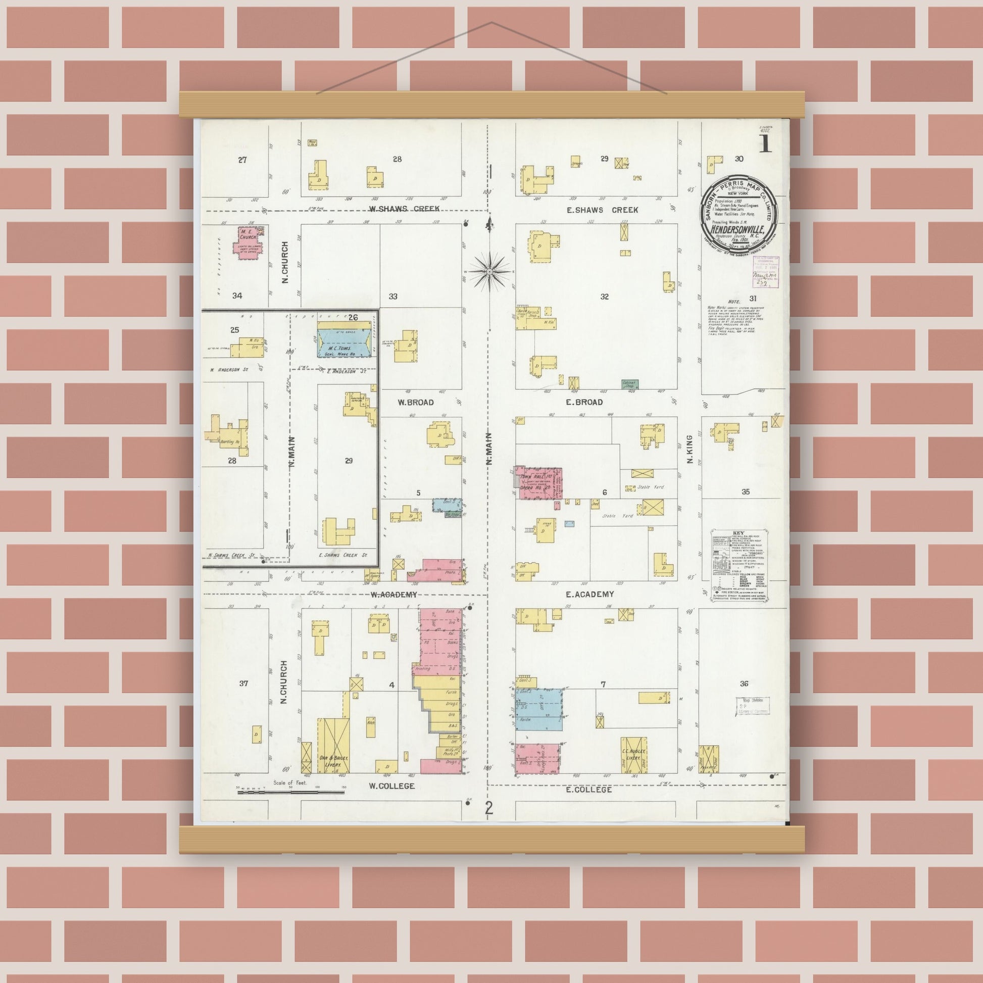 Old map wall art mockup — magnetic wood frame on brick wall — Sanborn Fire Insurance Map from Hendersonville, Henderson County, North Carolina (1901) - Complete Map Set