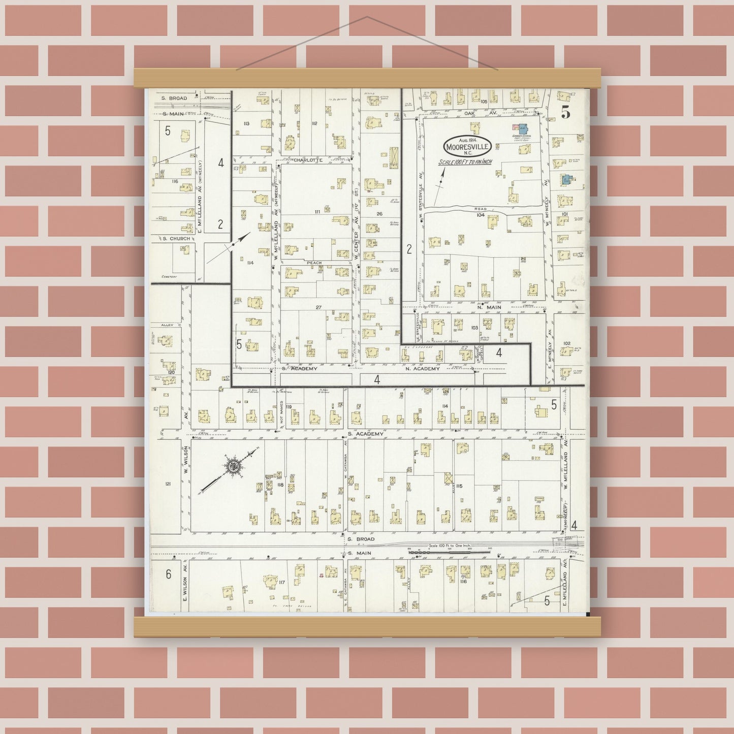 Old map wall art mockup — magnetic wood frame on brick wall — Sanborn Fire Insurance Map from Mooresville, Iredell County, North Carolina (1914), Sheet #0005