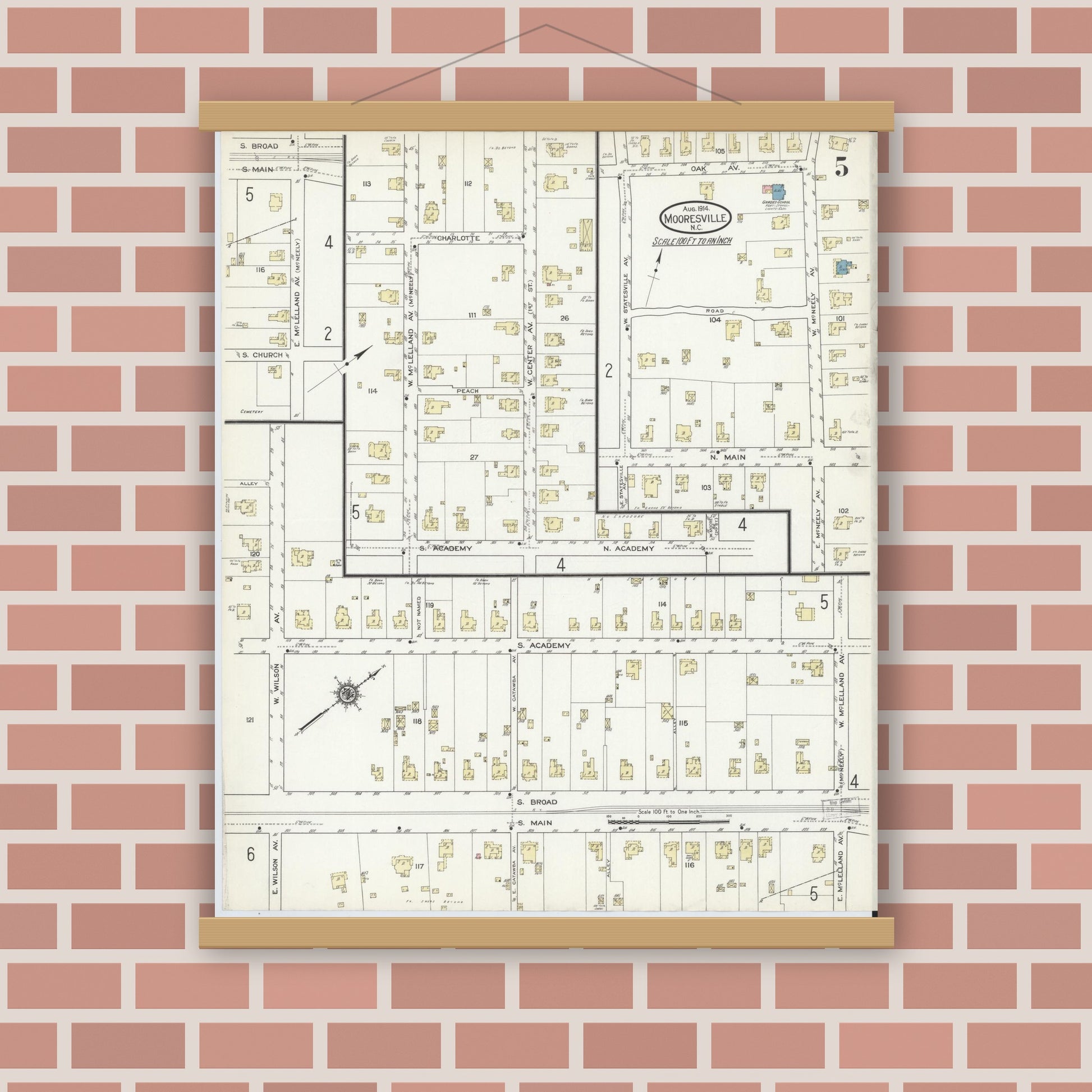 Old map wall art mockup — magnetic wood frame on brick wall — Sanborn Fire Insurance Map from Mooresville, Iredell County, North Carolina (1914), Sheet #0005