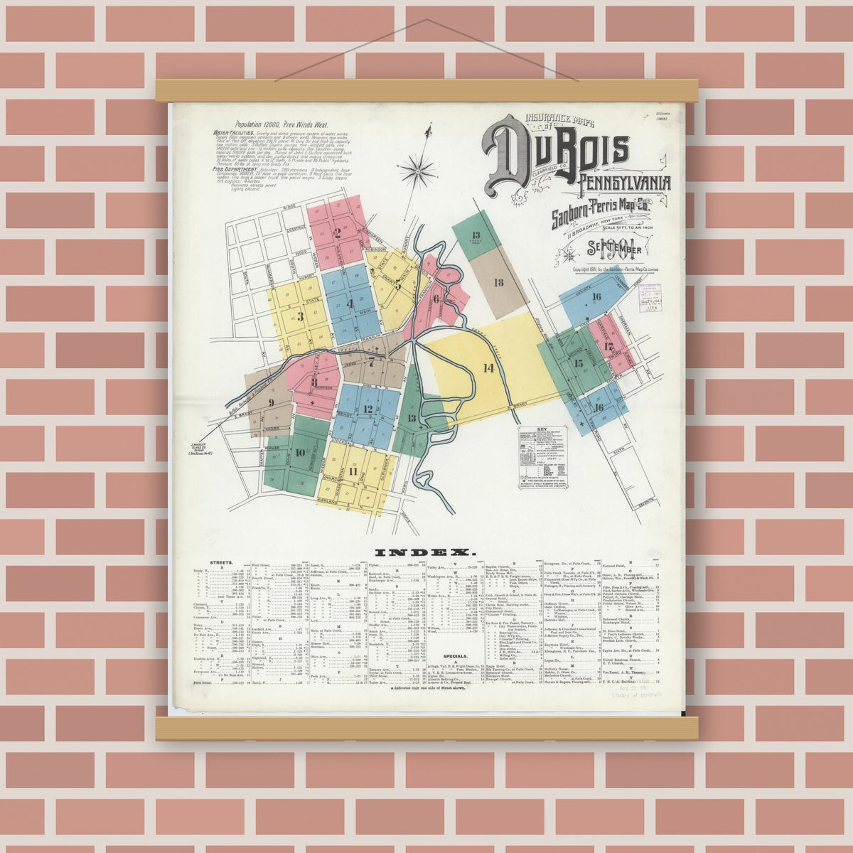 Old map wall art mockup — magnetic wood frame on brick wall — Sanborn Fire Insurance Map from Du Bois, Clearfield County, Pennsylvania (1901), Sheet #0001